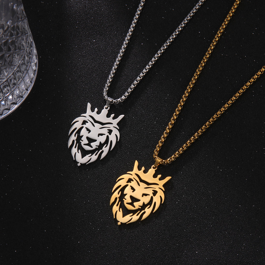 Men's Gold Lion Head Pendant Necklace, Punk Style