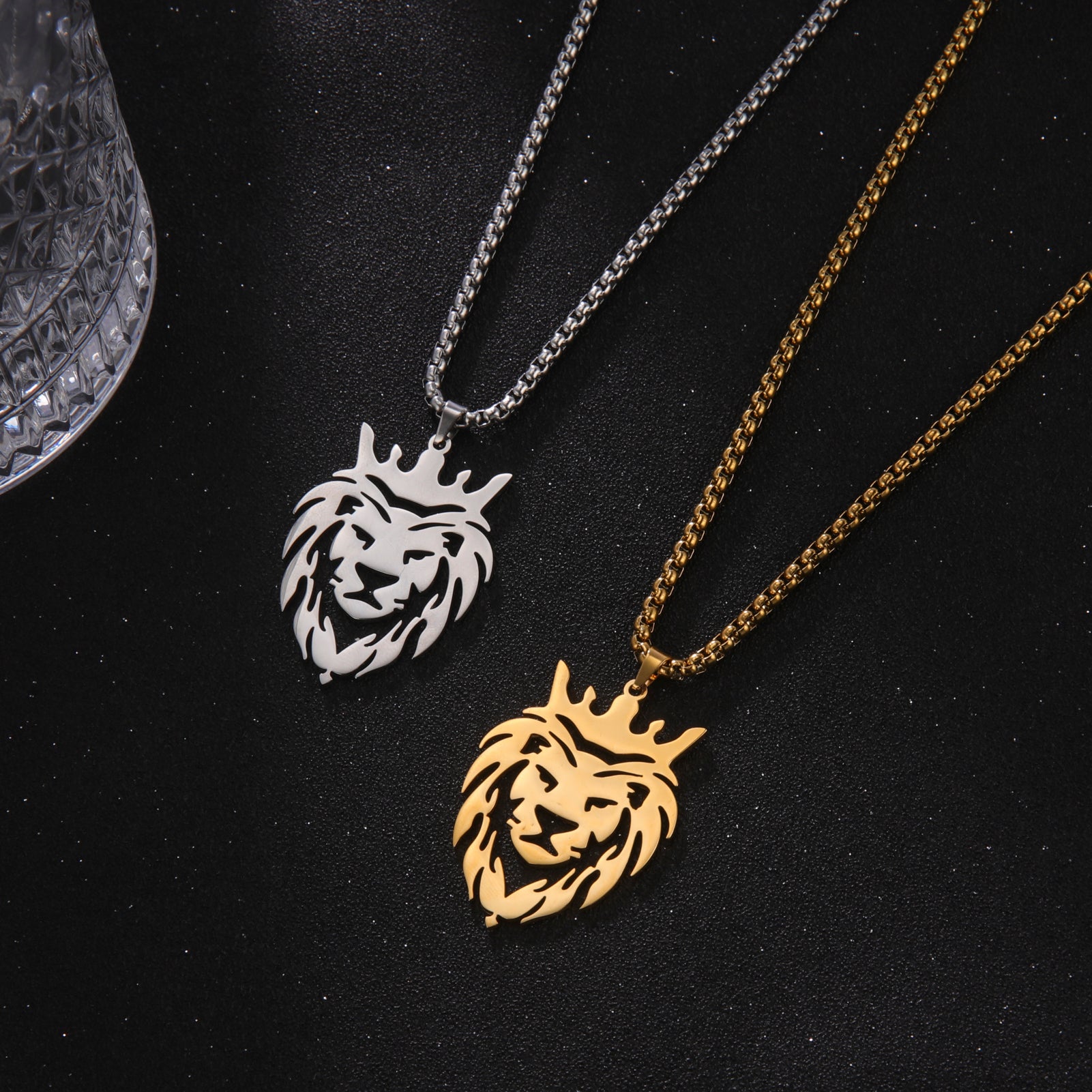 Men's Gold Lion Head Pendant Necklace, Punk Style