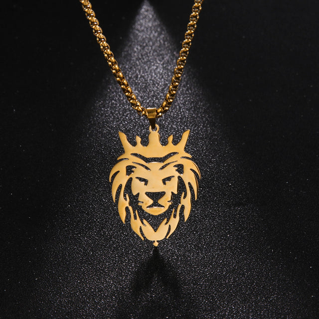 Men's Gold Lion Head Pendant Necklace, Punk Style