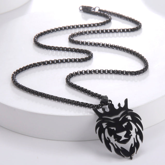 Men's Gold Lion Head Pendant Necklace, Punk Style