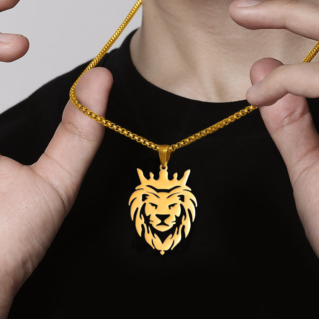 Men's Gold Lion Head Pendant Necklace, Punk Style