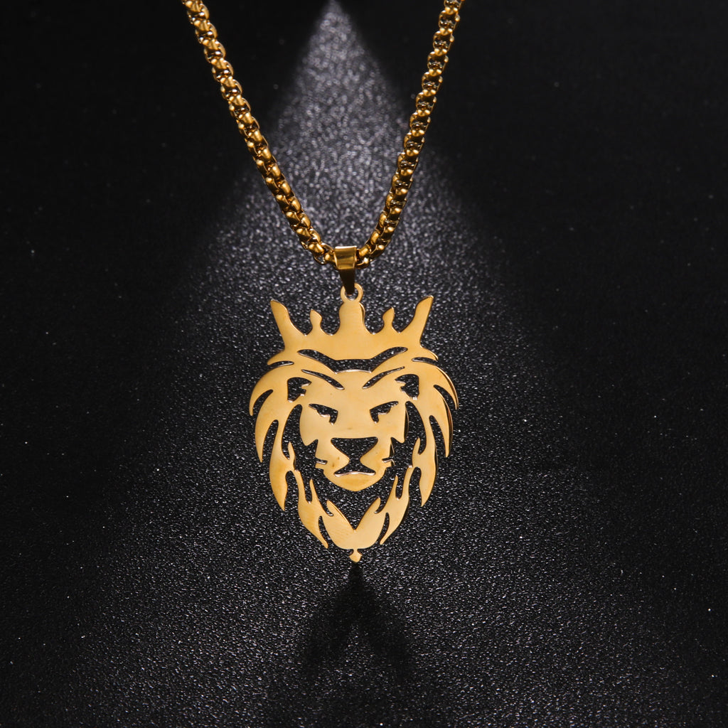 Men's Gold Lion Head Pendant Necklace, Punk Style